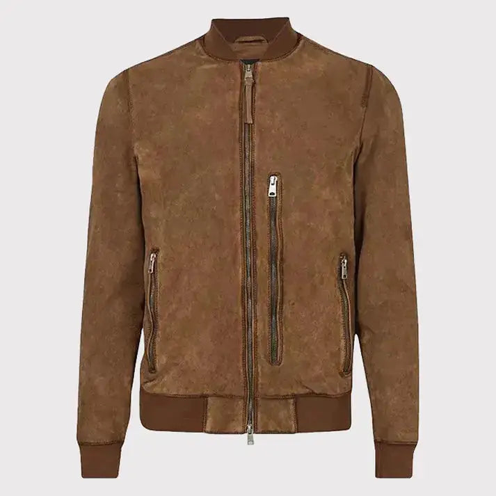 Mens Brown Suede Leather Bomber Jacket - Riders Republic UK