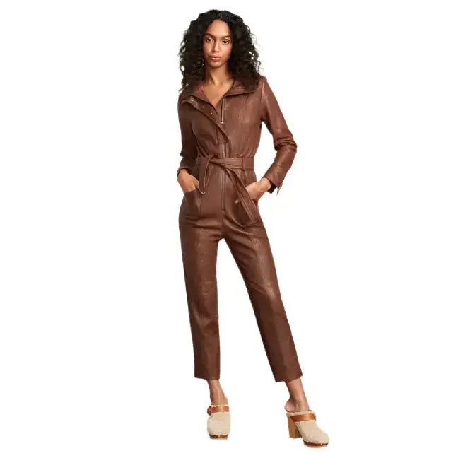 Brown Utility Belted Leather Jumpsuit for Women - Riders Republic UK