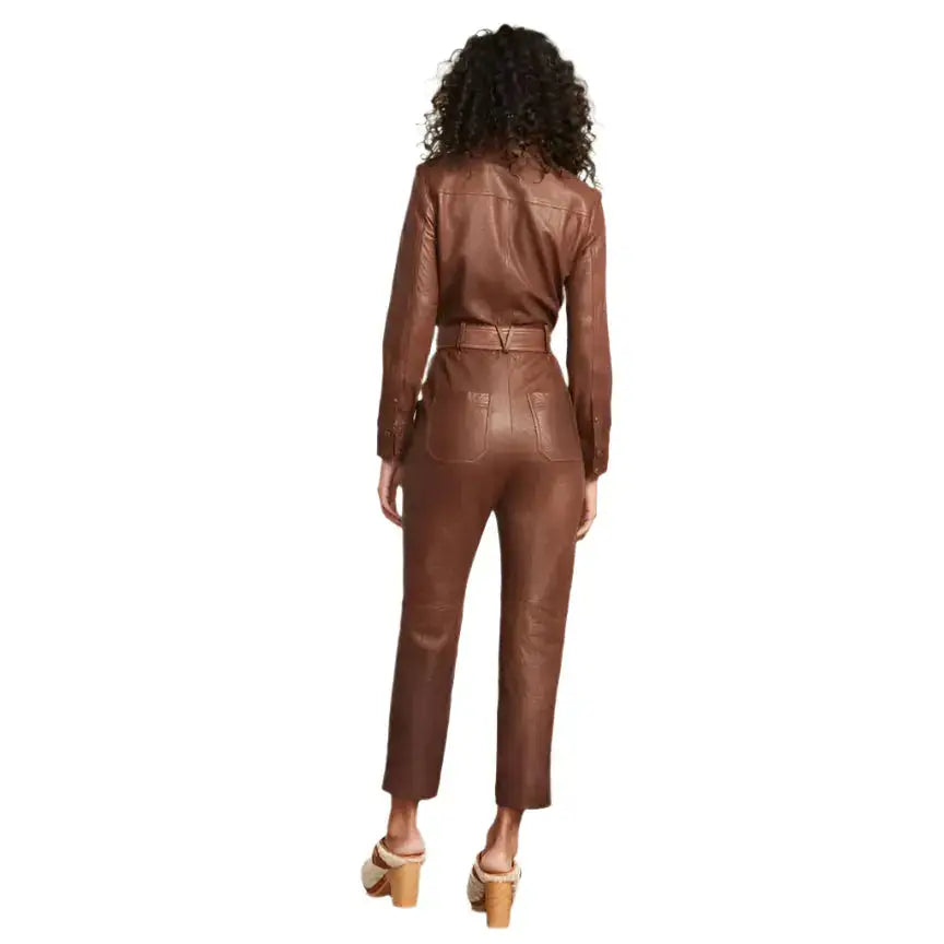Brown Utility Belted Leather Jumpsuit for Women - Riders Republic UK