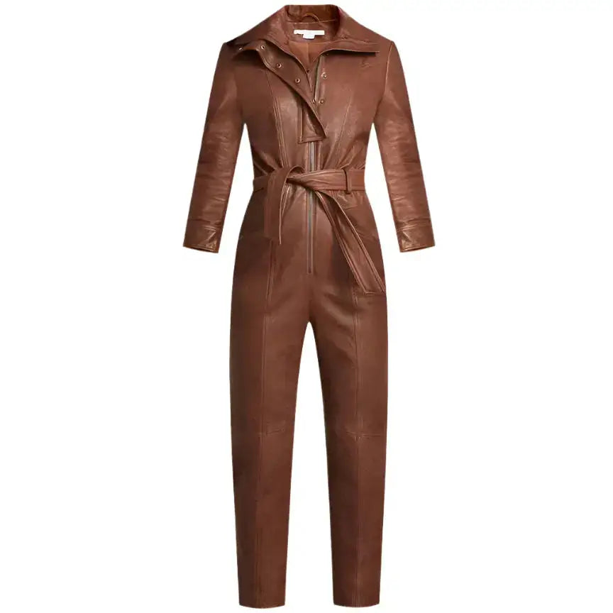 Brown Utility Belted Leather Jumpsuit for Women - Riders Republic UK