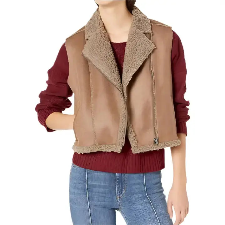 Brown Womens Shearling Leather Biker Vest - Riders Republic UK
