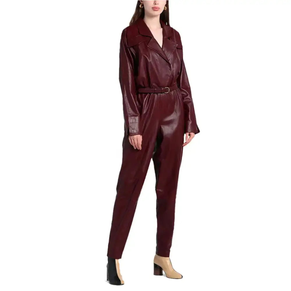 Burgundy Leather Jumpsuit for Women - Riders Republic UK