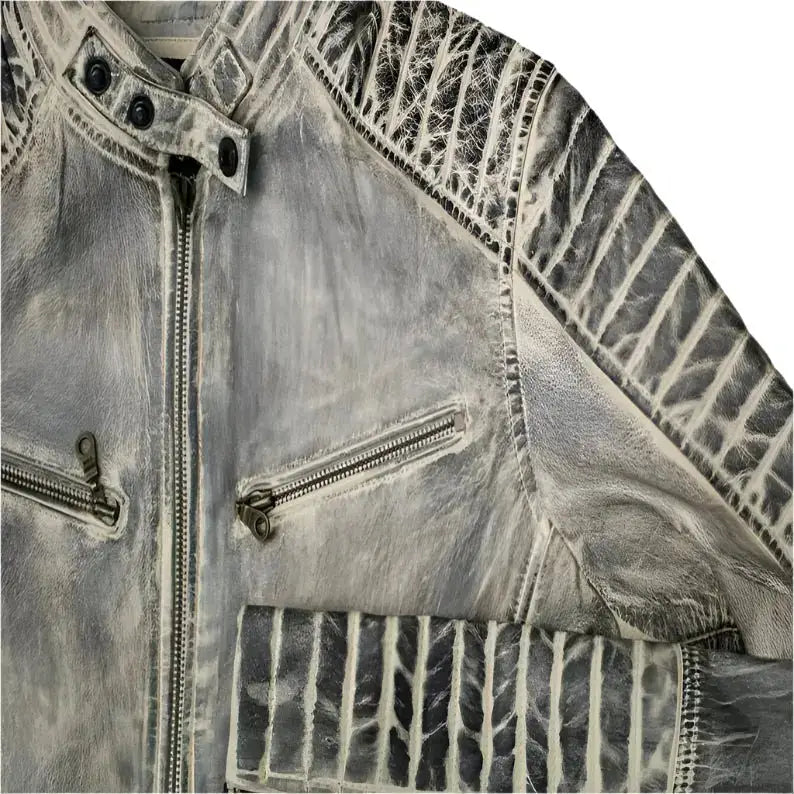 Mens White Distressed Leather Cafe Racer Jacket - Riders Republic UK