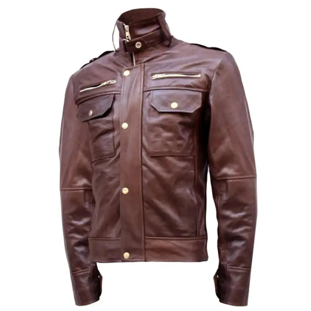 Chocolate Brown Mens Military Leather Jacket - Riders Republic UK