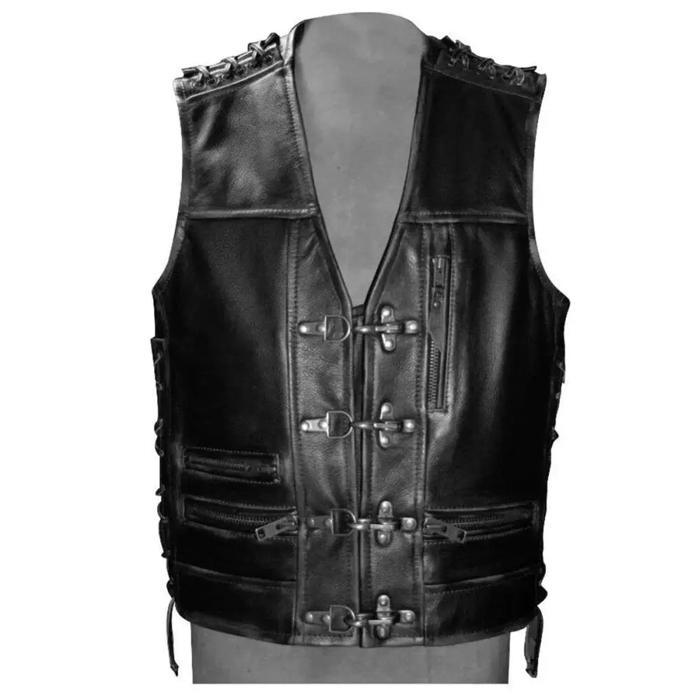 Mens Black Leather Biker Vest - Riders Republic UK