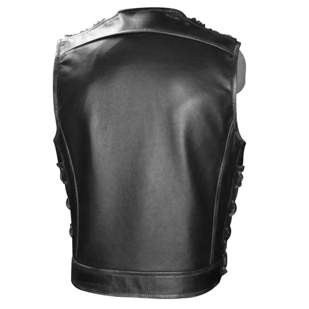 Mens Black Leather Biker Vest - Riders Republic UK