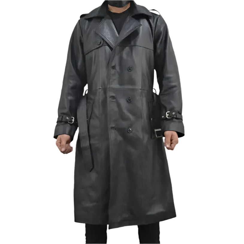 Mens Black Leather Trench Coat - Riders Republic UK