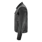 Men’s black leather shirt jacket with button closure, chest pockets and classic trucker fit