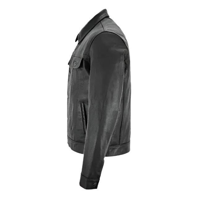 Men’s black leather shirt jacket with button closure, chest pockets and classic trucker fit