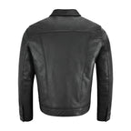 Black leather western trucker jacket for men with side pockets, button cuffs and structured seams