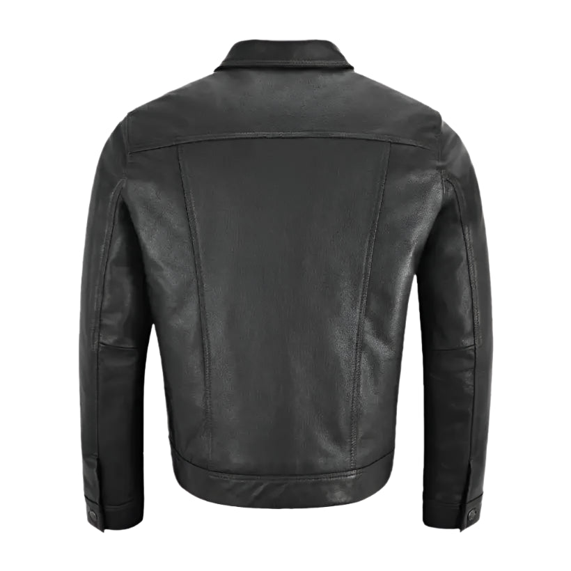 Black leather western trucker jacket for men with side pockets, button cuffs and structured seams