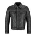 Men’s black leather trucker jacket with shirt collar, button front and flap chest pockets