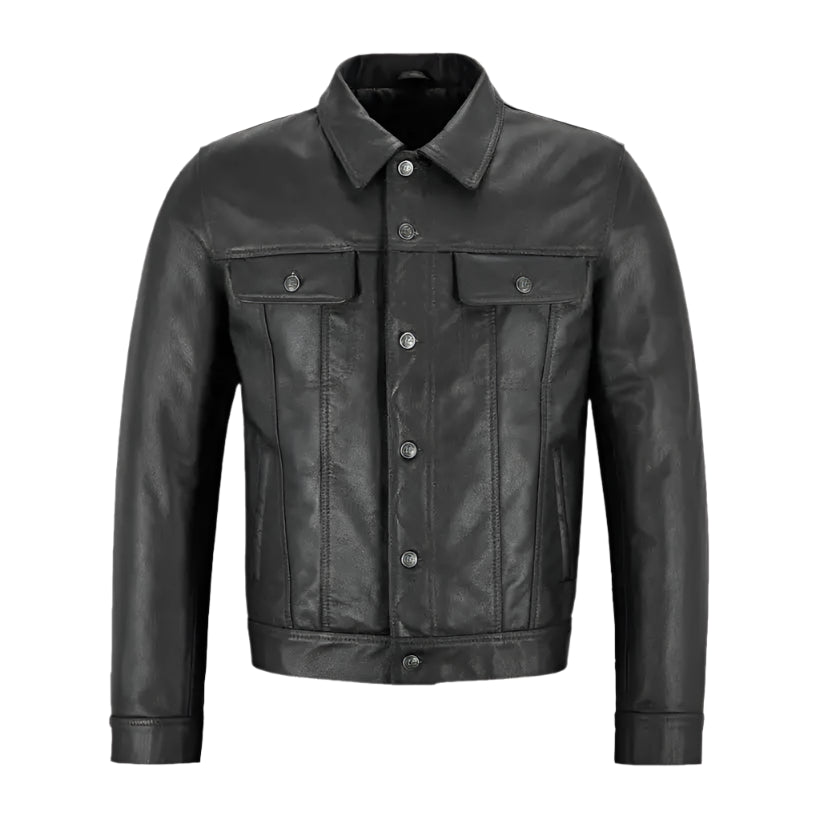 Men’s black leather trucker jacket with shirt collar, button front and flap chest pockets