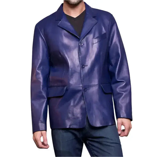 Classic Blue Leather Jacket Blazer - Riders Republic UK