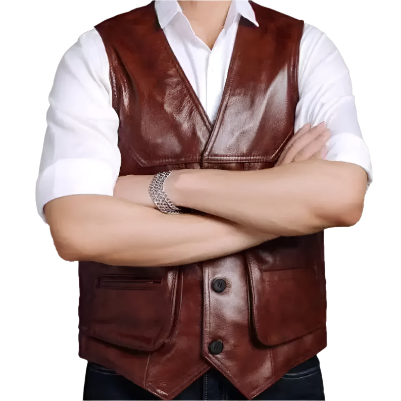 Classic Brown Mens Leather Riding Vest - Riders Republic UK