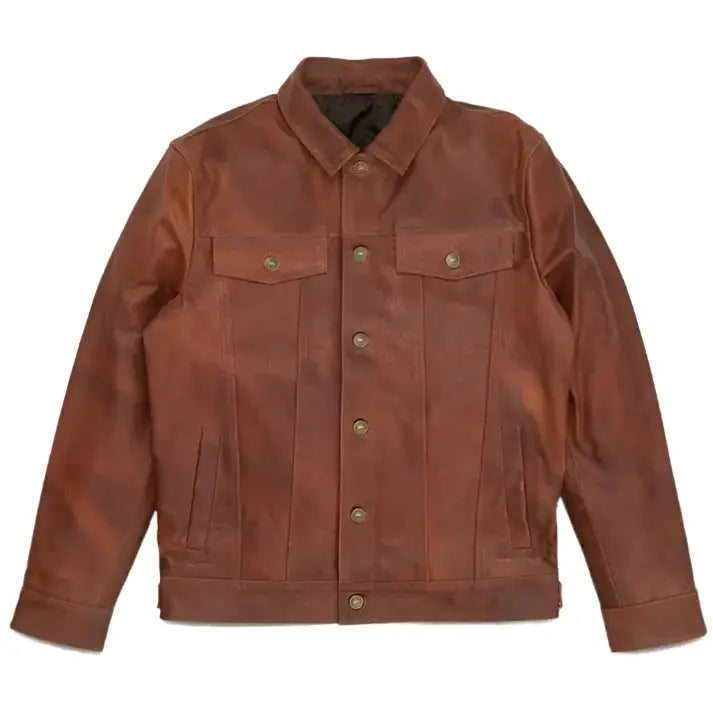 Men’s brown goatskin leather trucker jacket with antique brass buttons and denim style seams