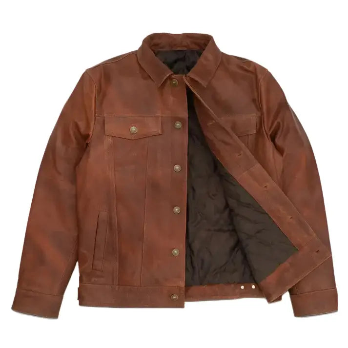 Plain brown leather trucker jacket for men with front pockets, welted pockets and button closure