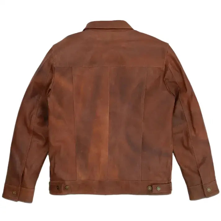 Men’s full grain goatskin leather jacket in brown with classic trucker styling and polyester lining
