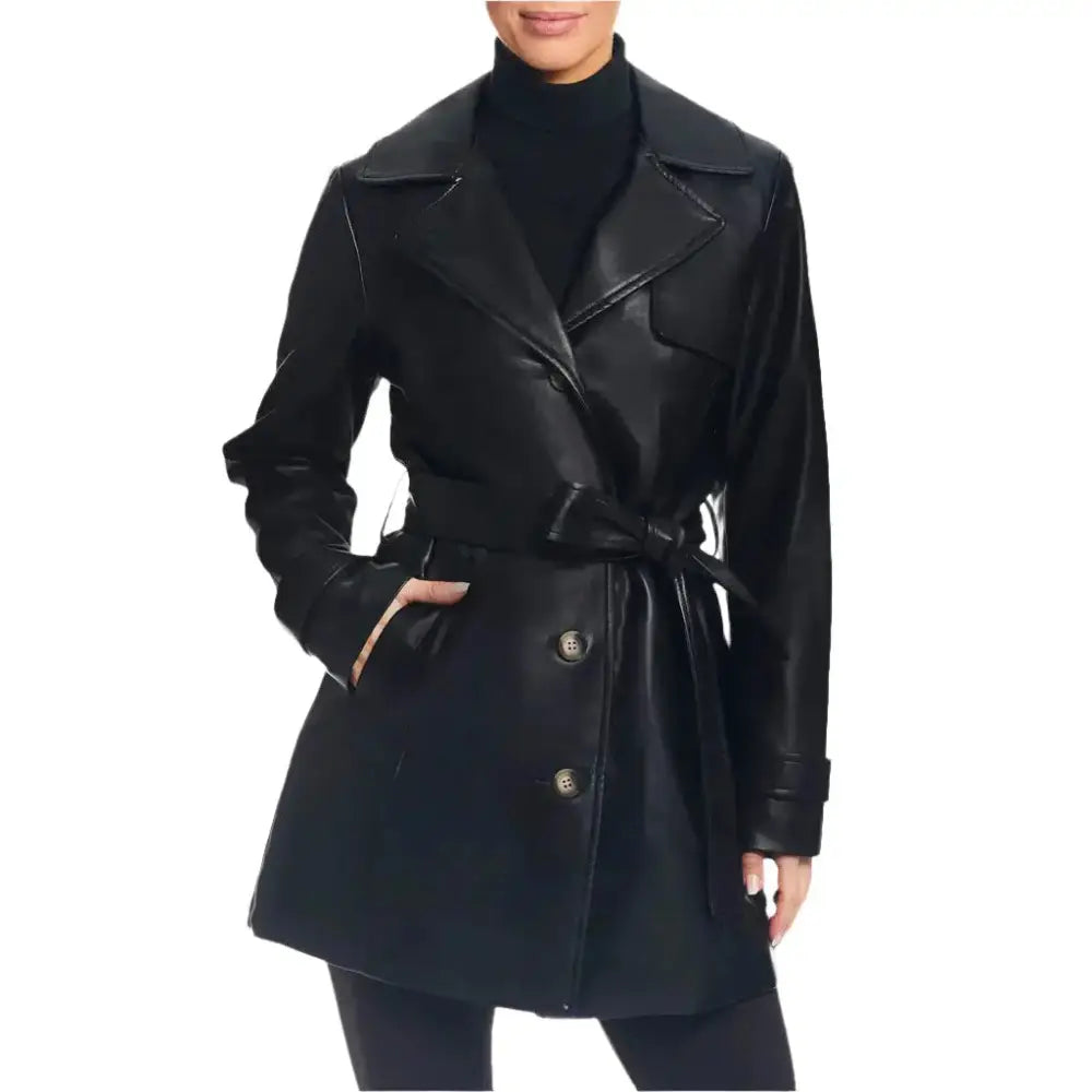 Classic Black Leather Trench Coat Women - Riders Republic UK