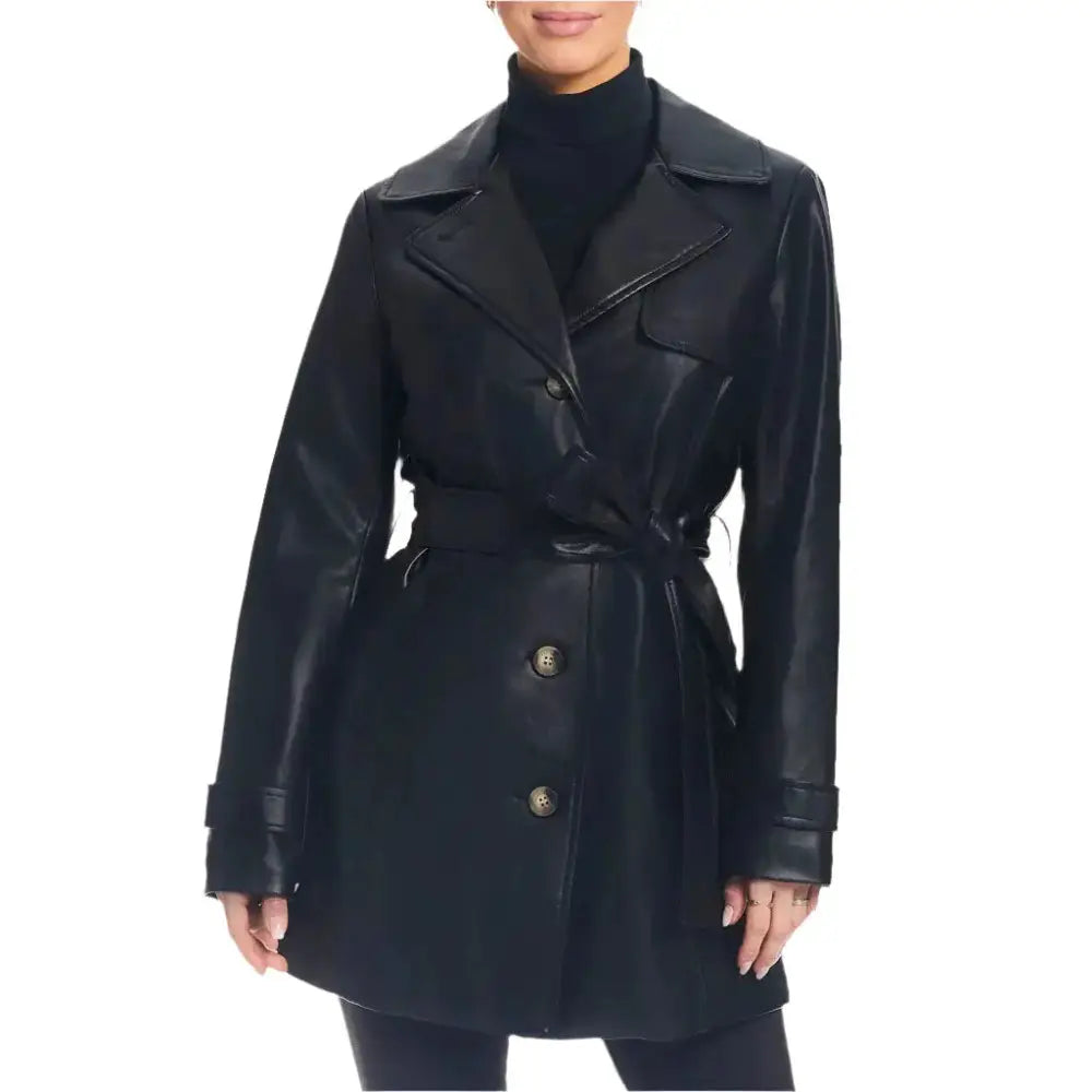 Classic Black Leather Trench Coat Women - Riders Republic UK