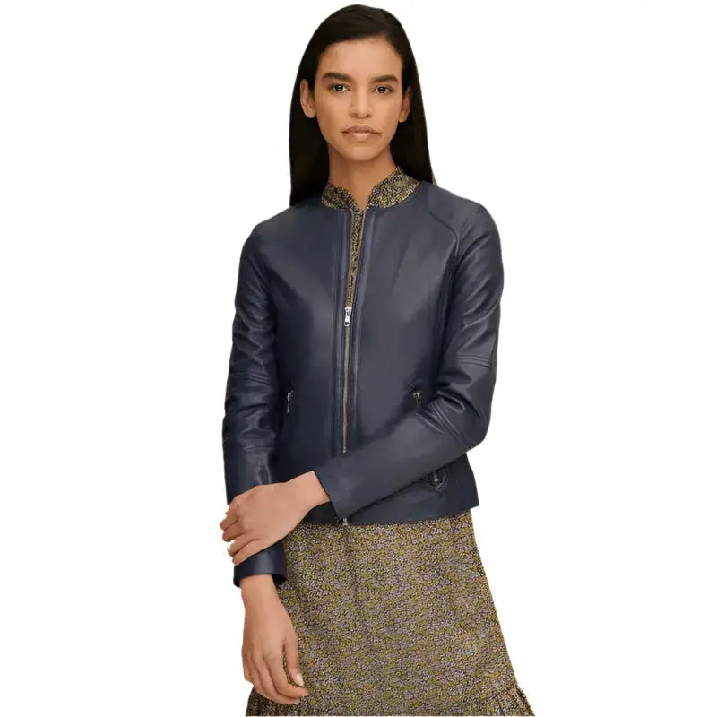 Womens Blue Leather Crew Neck Jacket - Riders Republic UK
