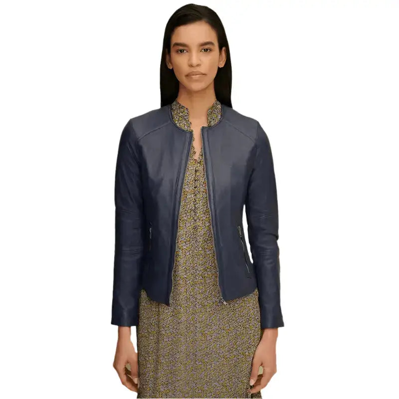 Womens Blue Leather Crew Neck Jacket - Riders Republic UK