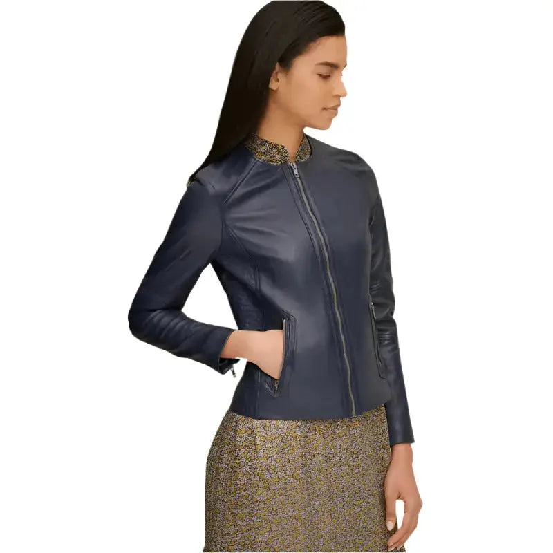 Womens Blue Leather Crew Neck Jacket - Riders Republic UK