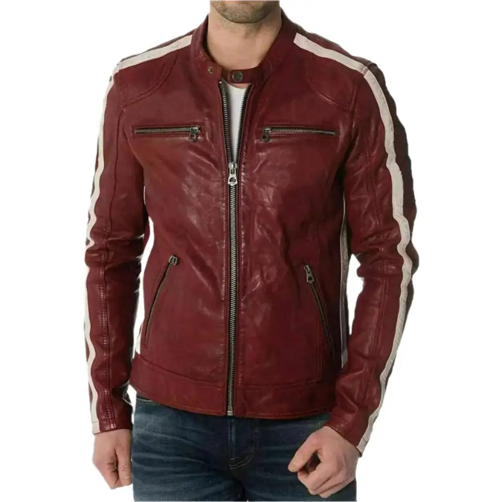 Mens Red Lambskin Leather Biker Jacket - Riders Republic UK