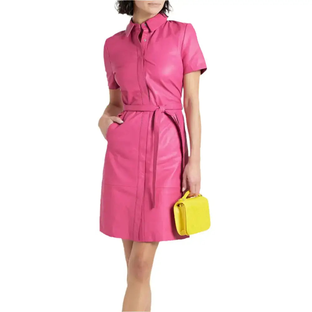Elegant Pink Leather Shirt Dress - Riders Republic UK