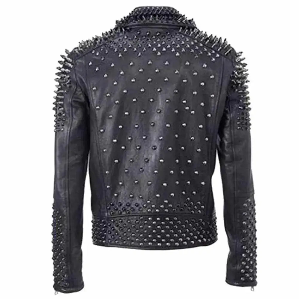 Men’s EMO punk rock silver and black studded leather jacket with spiked shoulders