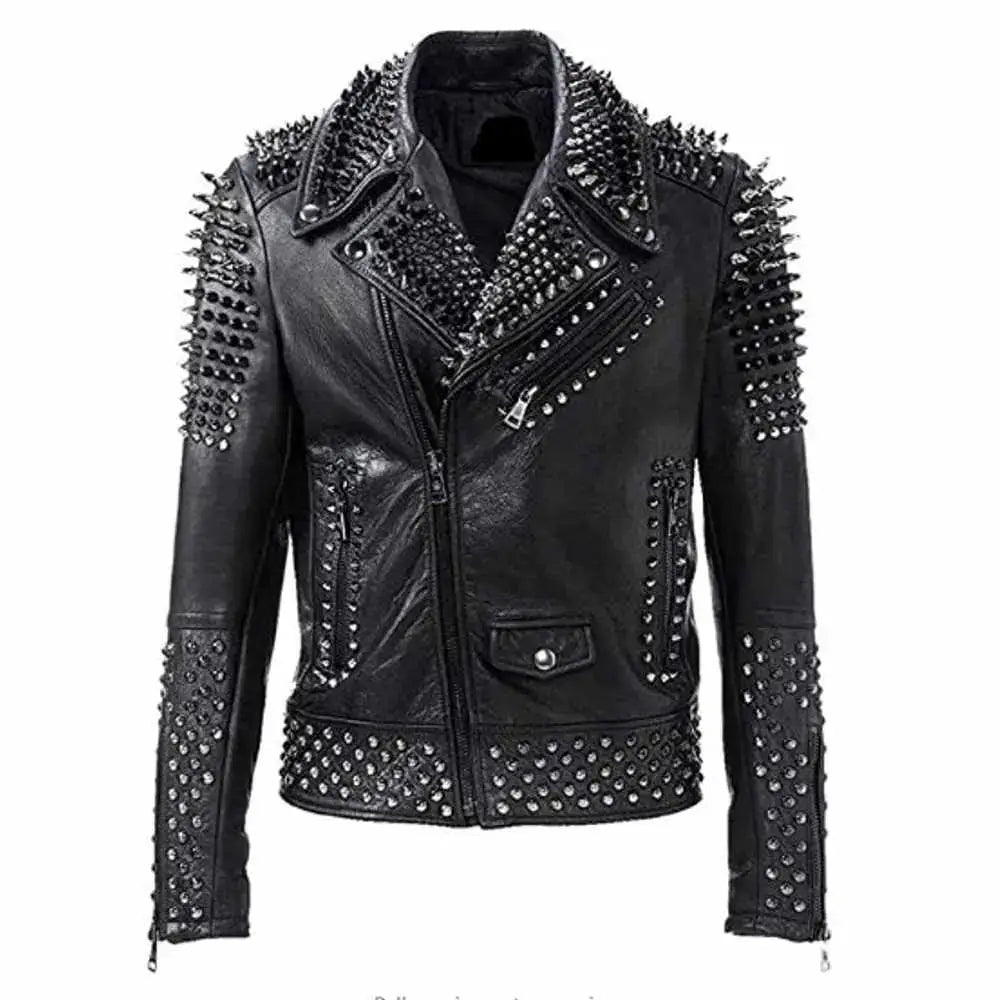 Men’s EMO punk rock silver and black studded leather jacket with spiked shoulders