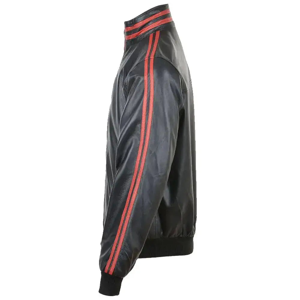 Red Striped Collar Leather Bomber Jacket - Riders Republic UK