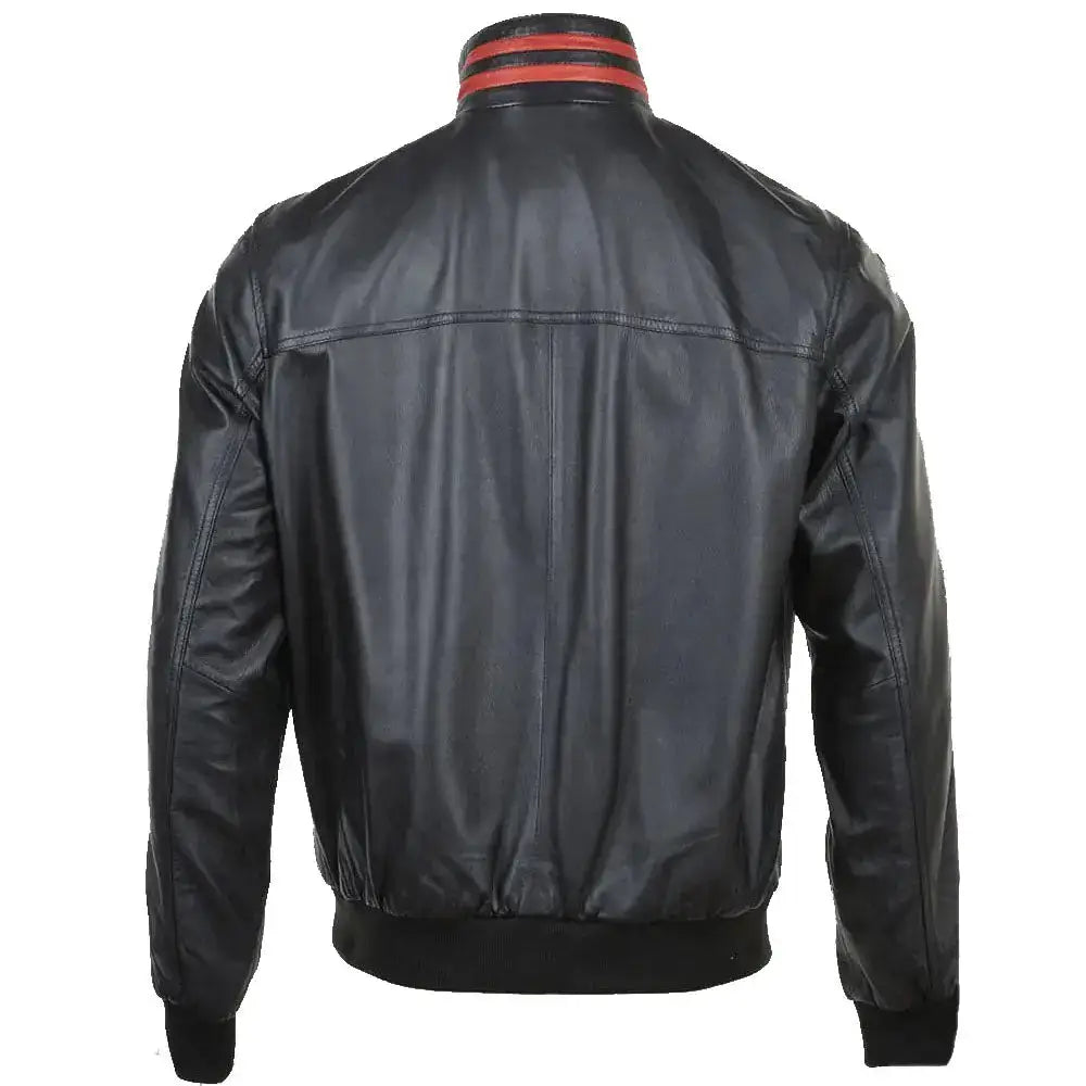 Red Striped Collar Leather Bomber Jacket - Riders Republic UK