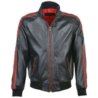 Red Striped Collar Leather Bomber Jacket - Riders Republic UK