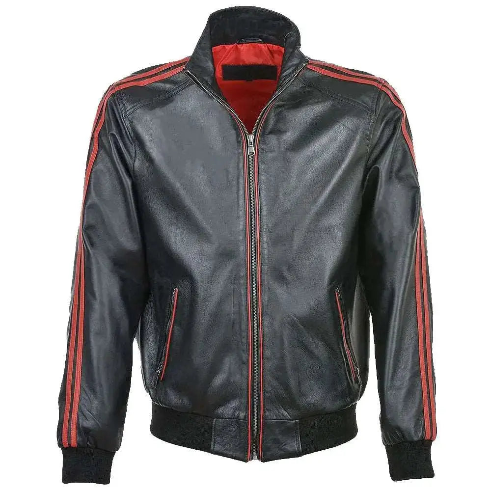 Red Striped Collar Leather Bomber Jacket - Riders Republic UK