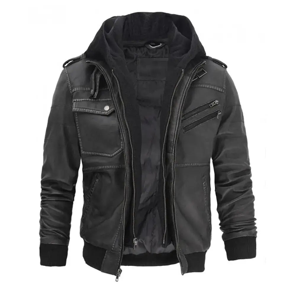 Grey Hooded Leather Bomber Jacket Mens - Riders Republic UK