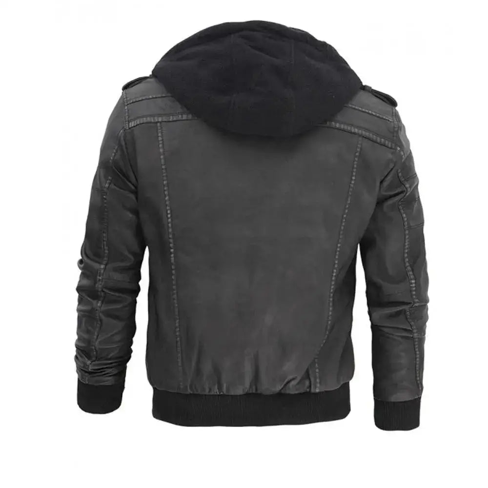 Grey Hooded Leather Bomber Jacket Mens - Riders Republic UK