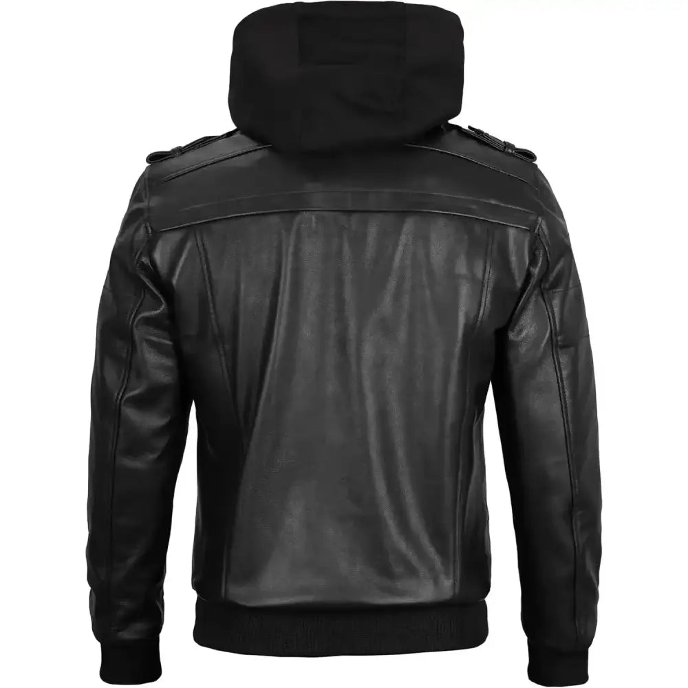 Hooded Black Leather Bomber Jacket - Riders Republic UK