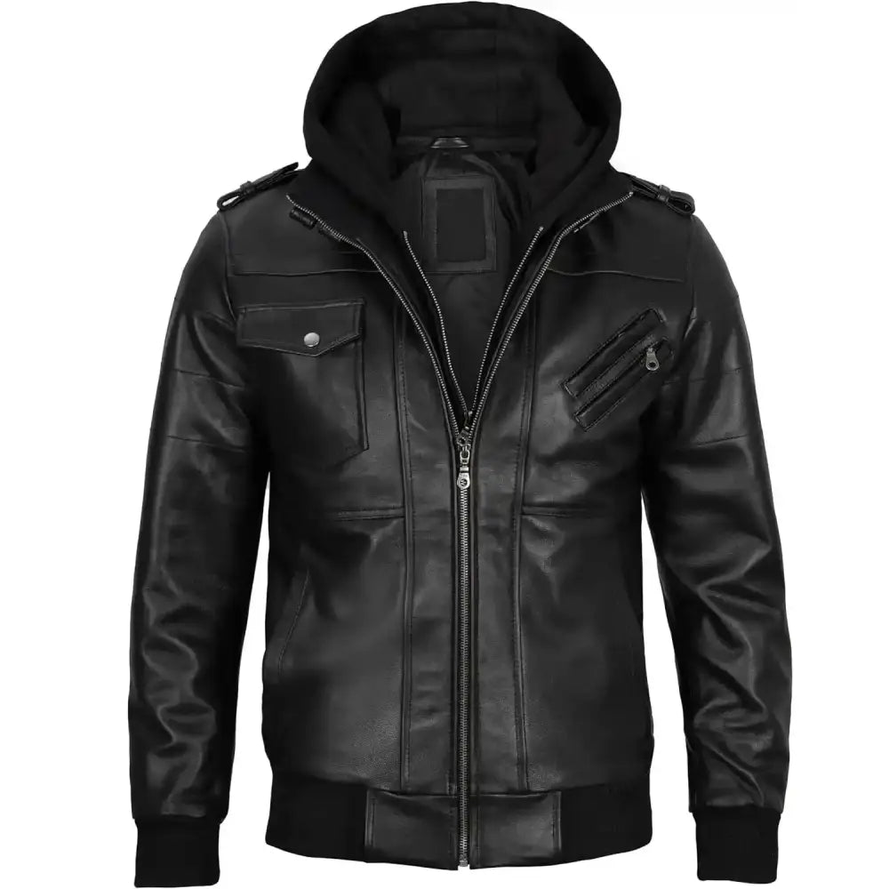 Hooded Black Leather Bomber Jacket - Riders Republic UK