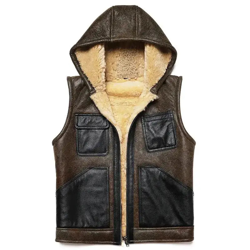 Mens Hooded Shearling Leather Vest - Riders Republic UK