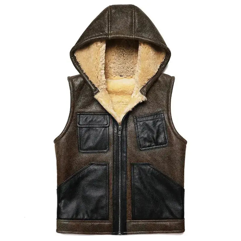 Mens Hooded Shearling Leather Vest - Riders Republic UK