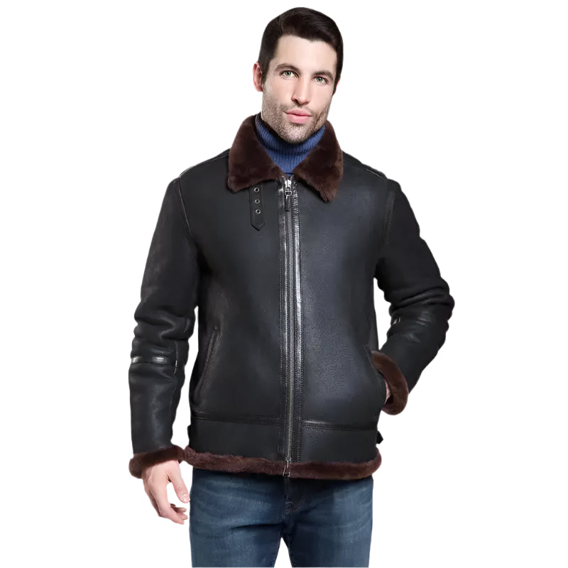 Black Aviator Shearling Leather Jacket - Riders Republic UK