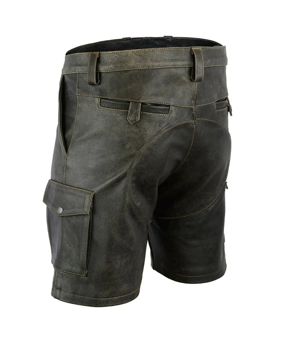 Men’s dark green leather cargo shorts with front zippers and belt loops