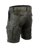 Men’s dark green leather cargo shorts with front zippers and belt loops