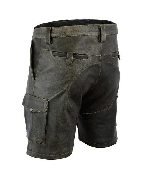 Men’s dark green leather cargo shorts with front zippers and belt loops