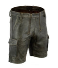 Men’s aniline leather party shorts in dark green with cargo pockets