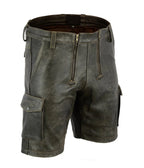 Men’s aniline leather party shorts in dark green with cargo pockets