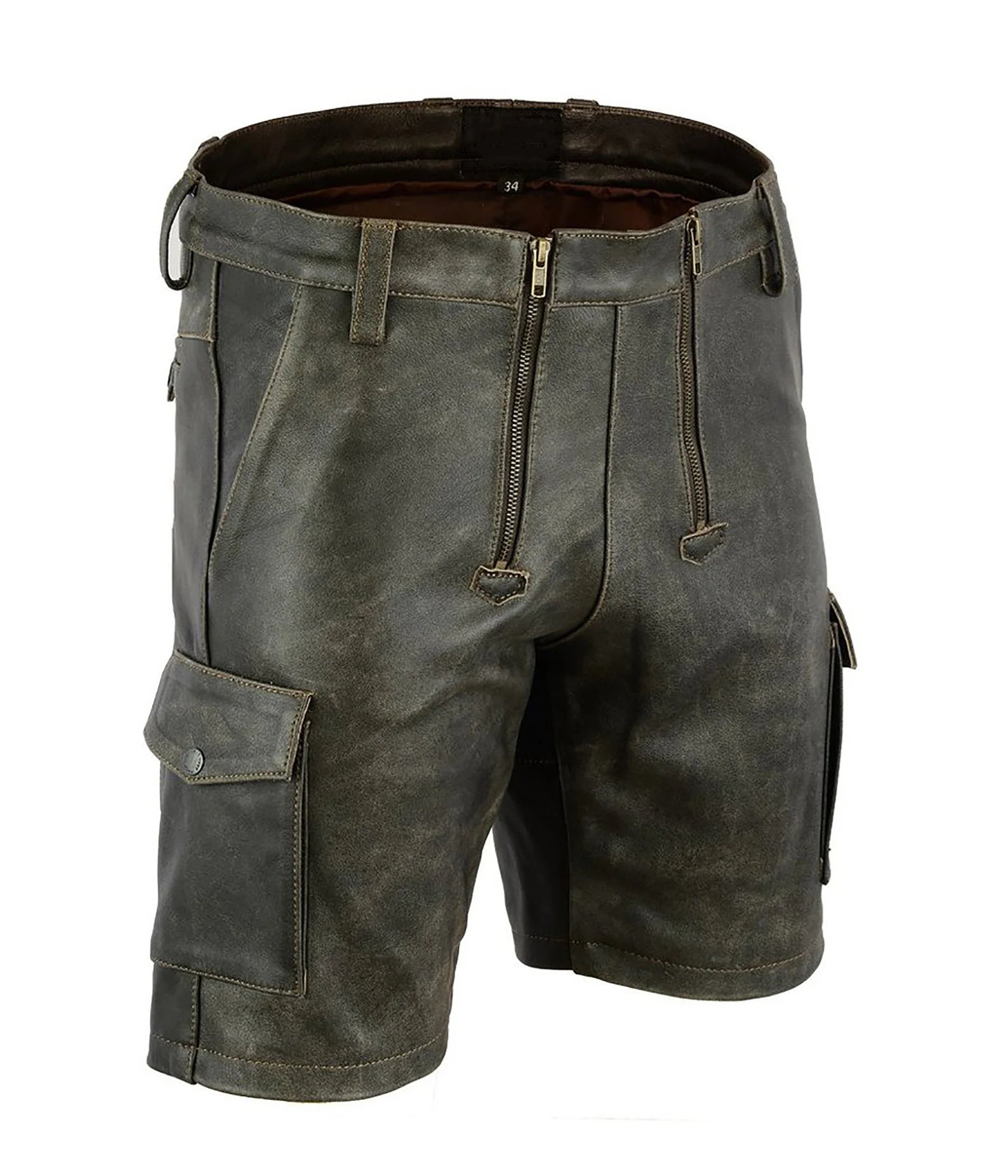 Men’s aniline leather party shorts in dark green with cargo pockets