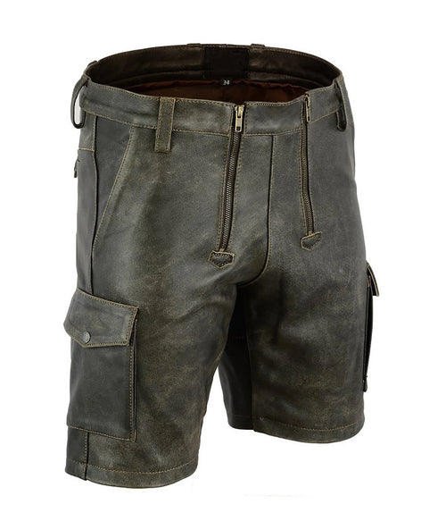 Men’s aniline leather party shorts in dark green with cargo pockets