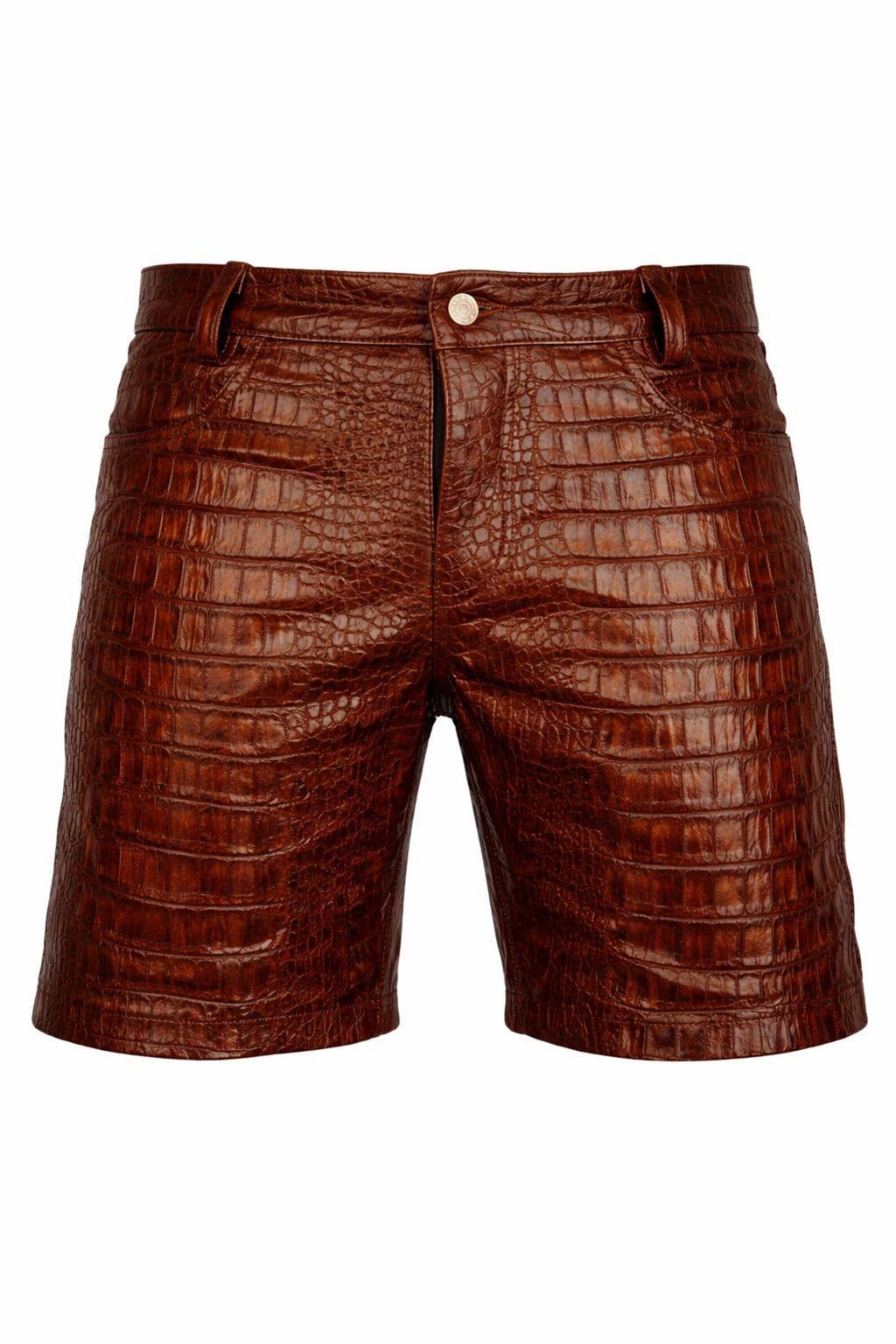 Men’s brown crocodile embossed leather shorts with belt loops and back pockets